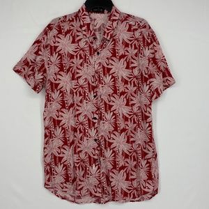 Lincink Mens Sz Large Button Front Shirt Red White Hawaiian Palm Trees Print SS